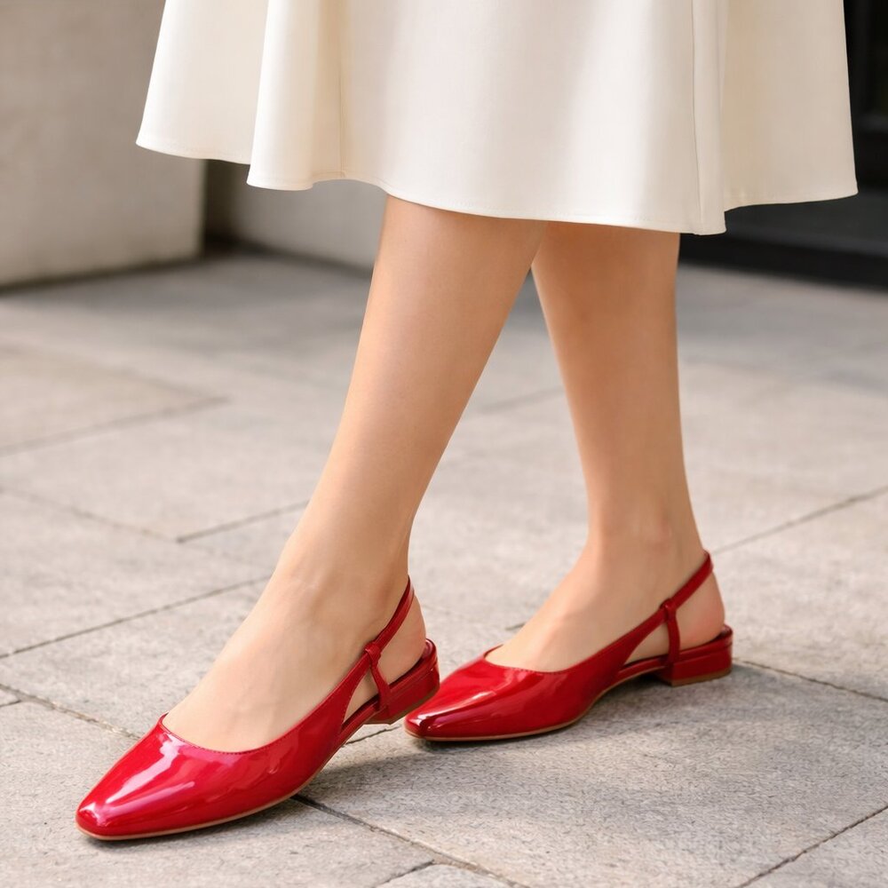 Elisabet Tang Red Vegan Patent Leather Sling Back Square Toe Flats Size 9